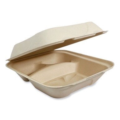 Fiber Hinged Containers, 3-Compartment, 8.8 x 8.2 x 2.9, Natural, Paper, 300/Carton