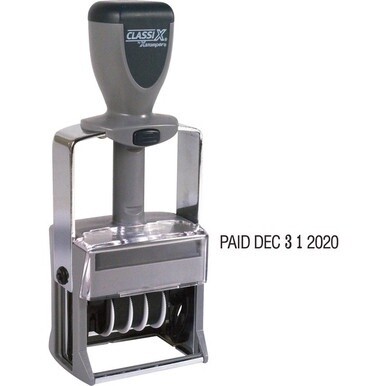 Xstamper Self-Inking 12 Phrase Dater - Message/Date Stamp - &quot;REC&#39;D, ANS&#39;D, ENT&#39;D, PAID, SHIPPED, CHARGED, CANCELLED, C.O.D., FILLED, FILED&quot; - Black - Metal - 1 Each