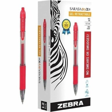 Zebra SARASA dry X20 Retractable Gel Pen - Medium Pen Point - 0.7 mm Pen Point Size - Refillable - Retractable - Red Pigment-based Ink - Translucent Barrel - 1 / Box