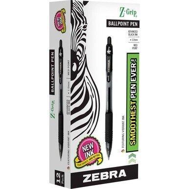 Zebra Z-Grip Retractable Ballpoint Pens - Medium Pen Point - 1 mm Pen Point Size - Retractable - Black - Black Barrel - 1 / Dozen