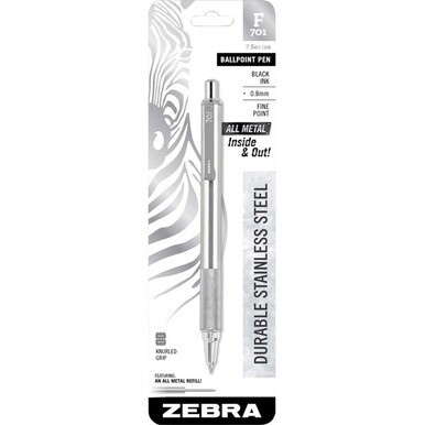 Zebra 7 Series F-701 Retractable Ballpoint Pen - Fine Pen Point - 0.7 mm Pen Point Size - Refillable - Retractable - Black - Stainless Steel Barrel - 1 Each