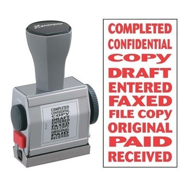 Xstamper 10-In-1 Phrase Stamp - Message Stamp - "COMPLETED, CONFIDENTIAL, COPY, DRAFT, ENTERED, FAXED, FILE COPY, ORIGINAL, PAID, RECEIVED" - 0.19" Impression Width x 1.50" Impression Length - Red - 1