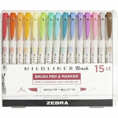 Zebra MILDLINER Dual Ended Brush Pen &amp; Marker Set - Medium Pen Point - Fine Marker Point - Brush Pen Point Style - Bullet Marker Point Style - Assorted Pigment-based Ink - White Barrel - 15 / Pack