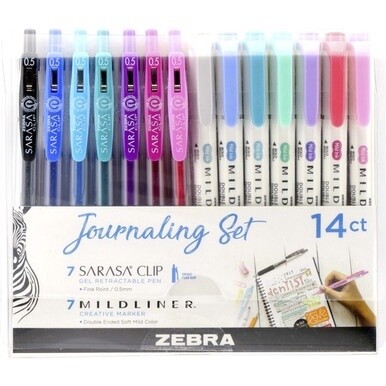 Zebra Journaling Set Mildliner &amp; Sarasa Clip Gel Pen and Highlighter Set - 1 mm Pen Point Size - Bullet, Chisel Marker Point Style - Multi Gel-based Ink - 14 / Pack