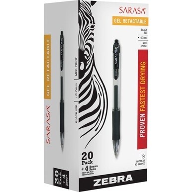 Zebra Sarasa Dry X20 Retractable Gel Pen - 0.7mm Medium Pen Point - Retractable - Black Pigment-based Ink - Translucent Barrel - 20 + 4 / Pack