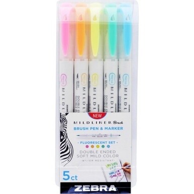 Zebra Pen Mildliner Brush Double-ended Creative Marker Fluorescent Pack - Fine Marker Point - Brush Marker Point Style - Fluorescent Pink Pigment-based, Fluorescent Orange, Fluorescent Yellow, Fluores