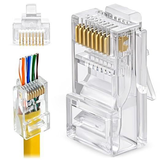 RJ45 Cat5e Pass Through Connectors - Pack of 100 | Modular Plug for Solid or Stranded UTP Network Cable