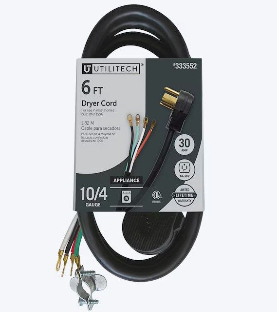 UTD100406 - Utilitech 6-ft 30 -Amp 4 -Prong Black Dryer Appliance Power Cord