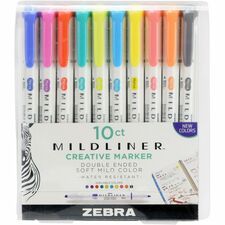 Zebra MILDLINER Dual Ended Creative Marker - Mild Lavender, Mild Spring Green, Mild Citrus Green, Mild Marigold, Mild Fuchsia, Mild Dark Gray, Mild Cyan, Mild Coral Pink, Mild Apricot, Mild Lemon Yell
