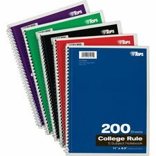 TOPS 5 - subject College - ruled Notebooks - Letter - 200 Sheets - Wire Bound - Letter - 8 1/2" x 11" Sheet Size - 0.25" Height x 8.5" Width x 11" Length - Assorted Paper - Black, Red, Blue, Green, Pu