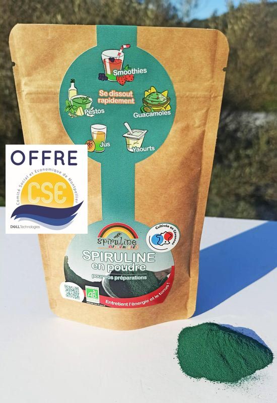Sachet de 65g : Cure de 3 semaines de spiruline en poudre Bio tarif CSE