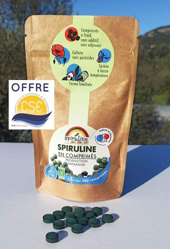 Sachet 65 g : Cure de 3 semaines de spiruline en comprimés Bio tarif CSE