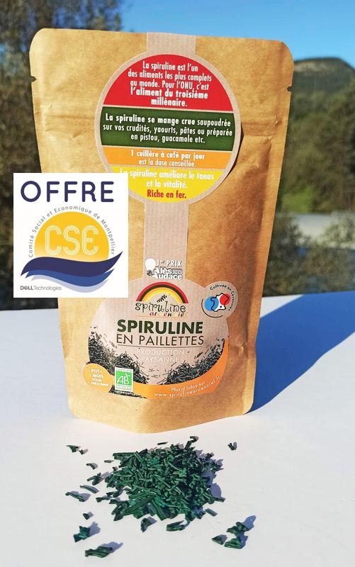 Sachet 65g  : Cure de 3 semaines de spiruline en paillettes Bio tarif CSE