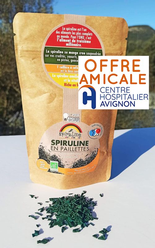 Sachet 65g  : Cure de 3 semaines de spiruline en paillettes Bio tarif amical