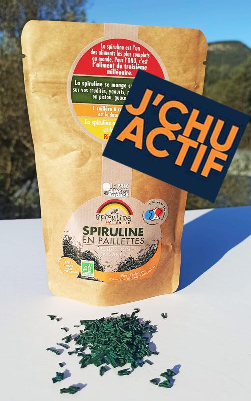 Sachet 65g  : Cure de 3 semaines de spiruline en paillettes Bio tarif j'chu actif 30