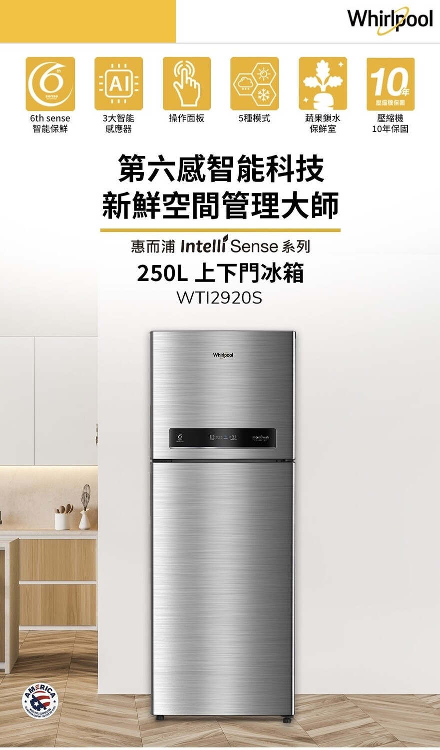 【Whirlpool】Intelli Sense 250公升一級能效變頻冰箱 WTI2920S (星光銀)