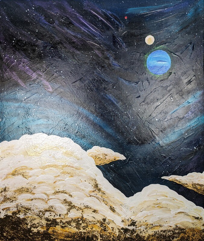 Original Planets, Galaxy, and Cloud Painting with Gold Leaf