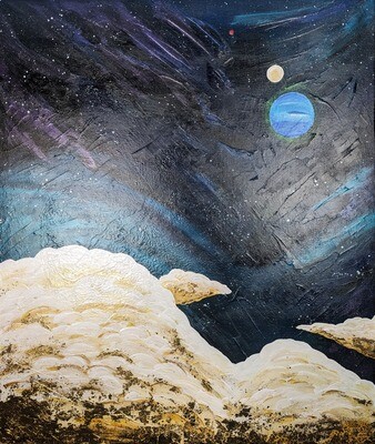 Original Planets, Galaxy, and Cloud Painting with Gold Leaf