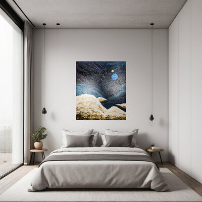 Original Planets, Galaxy, and Cloud Painting with Gold Leaf