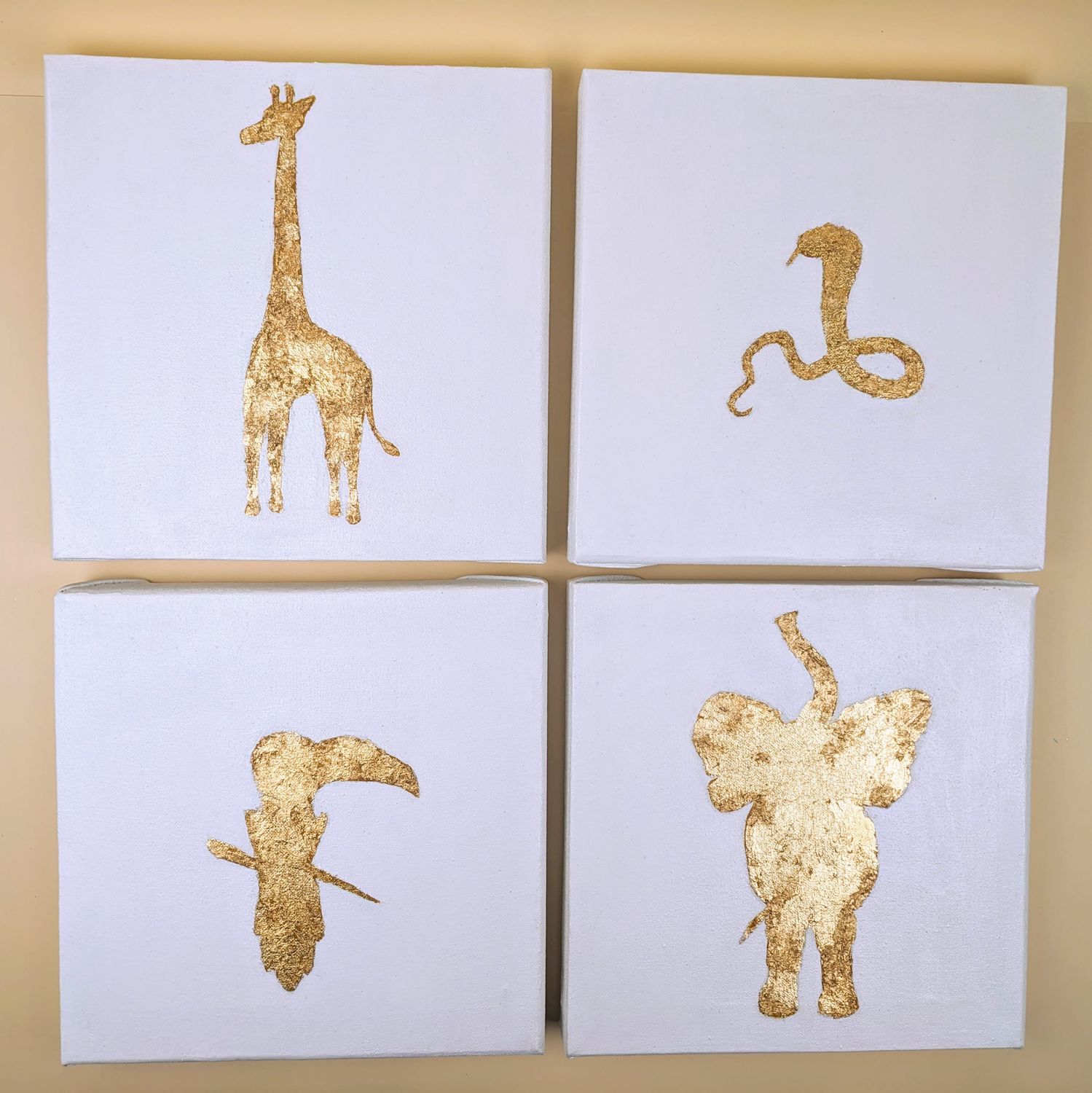 4 Gold Leaf Animal Silhouettes Canvases