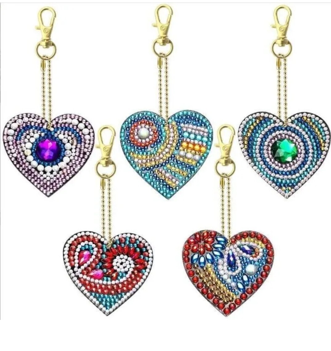 5 Pc 5D DIY Assorted Heart Design Diamond Art Keyrings by Numbers Kit UK COMPANY
