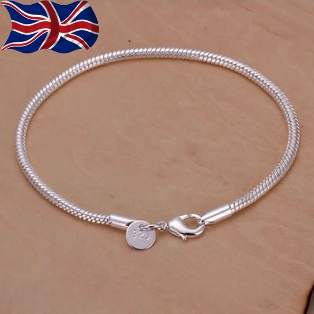 925 Sterling Silver Snake Bracelet Chain Rope 3mm Ladies Charms  8&quot; UK