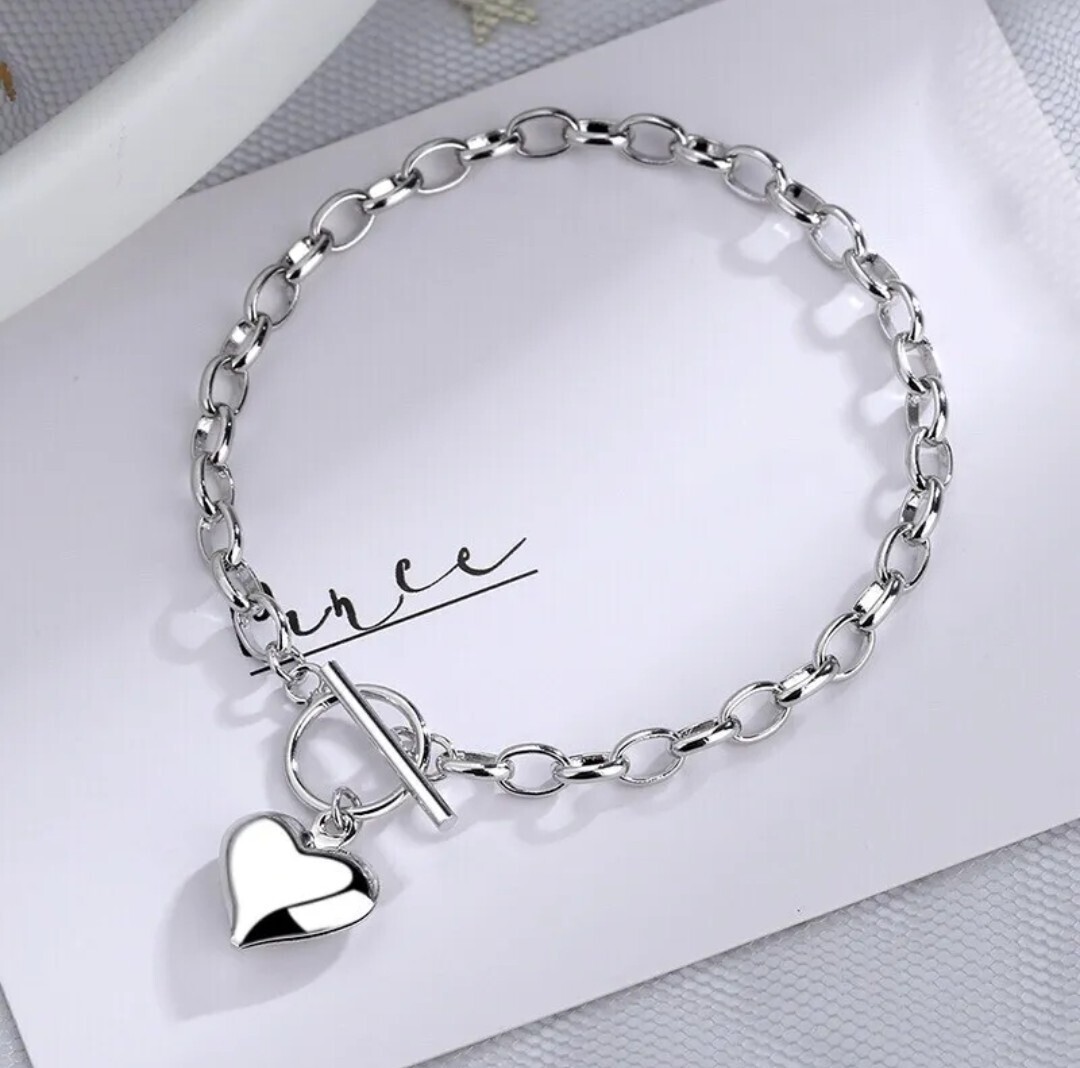 Beautiful Heart Charm Bracelet 925 Sterling Silver Women Girls