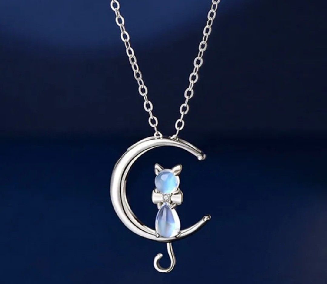 Women Moonstone Cat Pendant Chain Necklace 925 Sterling silver