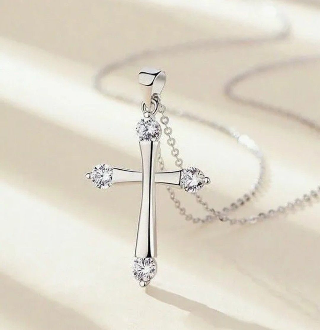 Crystal Cross Pendant Chain Necklace 925 Sterling silver