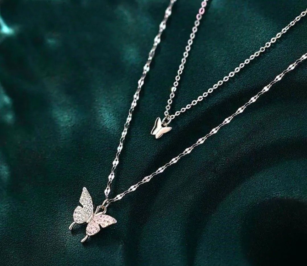 Double Crystal Butterfly 925 Sterling Silver Chain Necklace