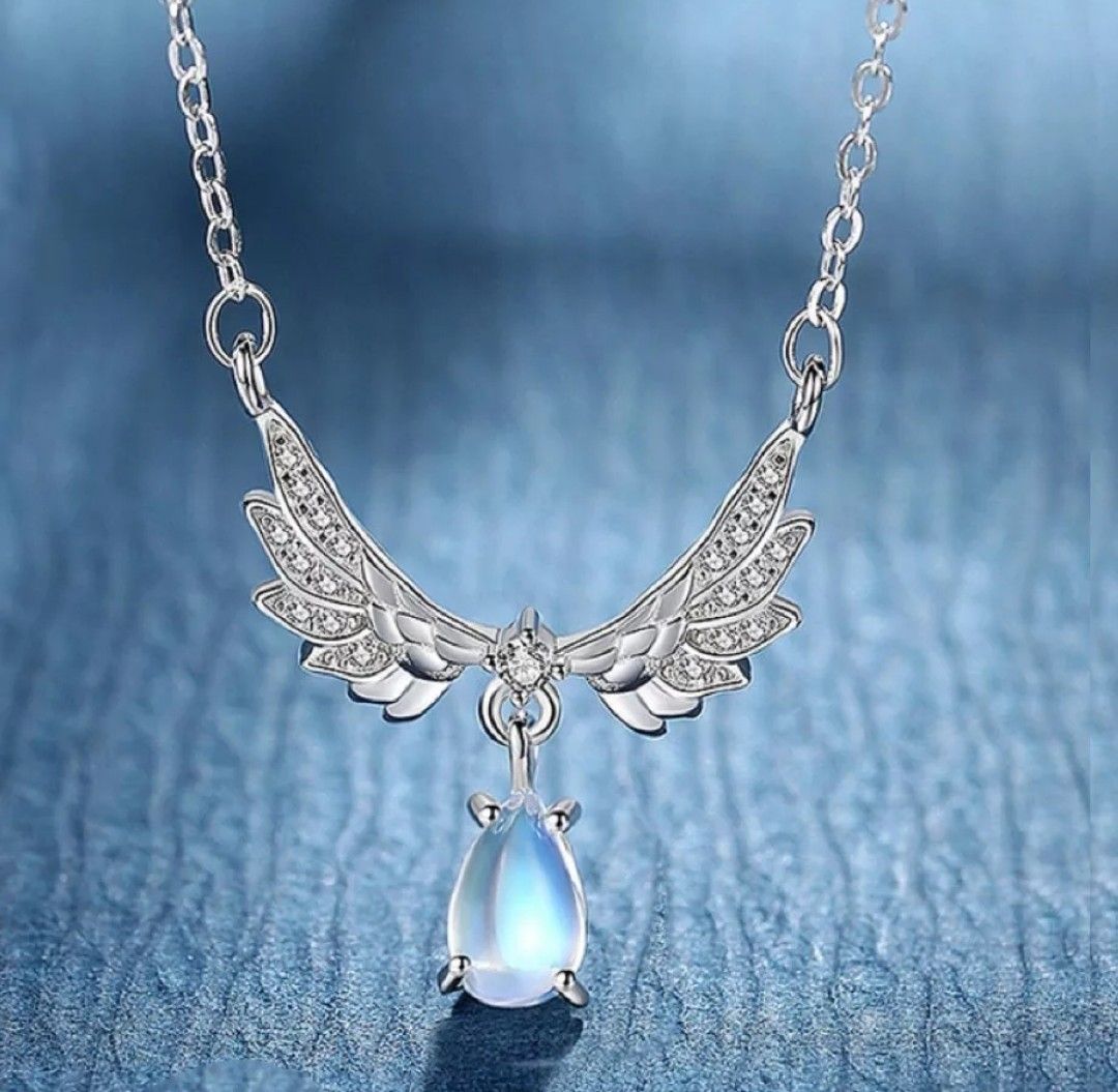 925 Sterling Silver Crystal Angel Wing Moonstone Pendant Necklace