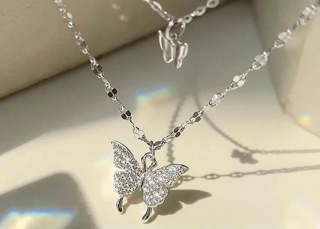 Double Layer Butterfly Pendant 925 Sterling Silver Chain Necklace