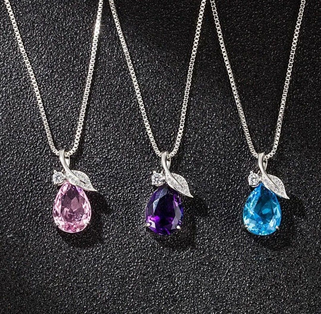 Women 925 Sterling Silver Crystal Leaf water Drop Pendant