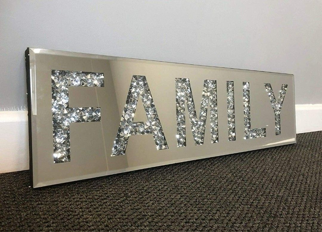Biznest Large Bling Crushed Crystal Mirror Family Wall Art Plaque Home Decor Word Deco