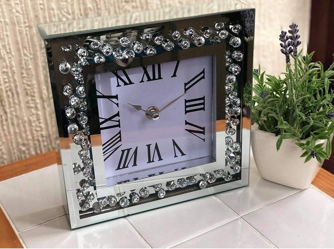 Biznest Floating Jewel 20cm Mirrored Mantle Clock Mirror Frame Bling Diamante Mantle Table Clock