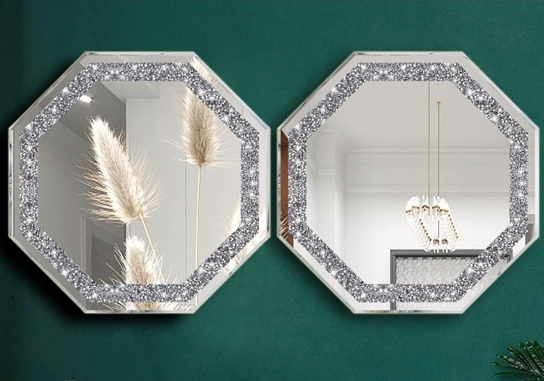 Wocred 2-Piece Octagonal Wall Mirrors，Crushed Diamond Glass Mirror，Refined Special-Shaped Bedroom Mirror, Shower Mirror.(12”x12”)