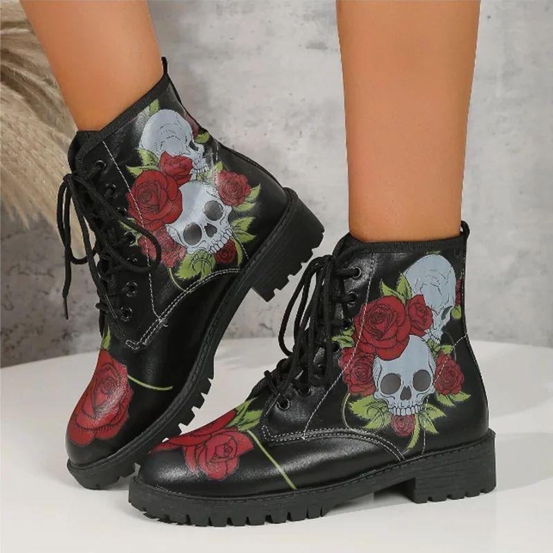 Skull and rose boots women