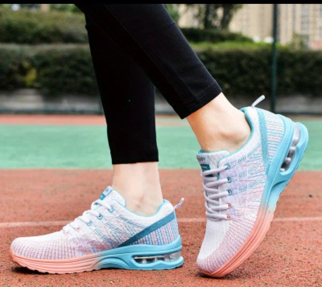 Womens Air Cushion Running Shoes - Breathable Ombre Lace-Up Style - Lightweight Flying Woven Comfort for Walking &amp; Running