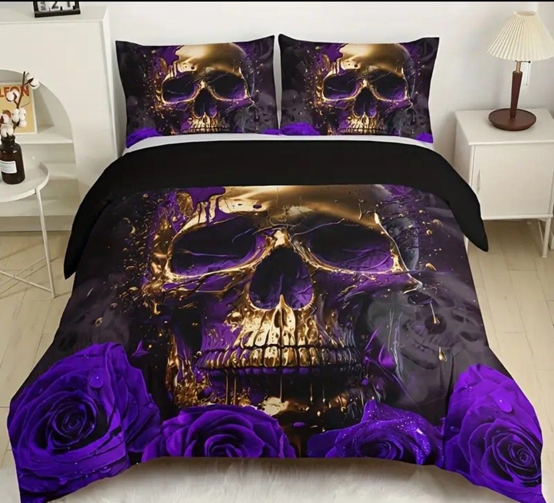 3pcs Soft and Breathable Purple Rose Skull Pattern Duvet Cover Set for Bedroom, Guest Room, and Dorm Decor - Includes 1 Duvet Cover and 2 Pillowcases (Core Not Included) For Halloween