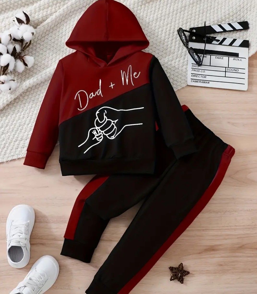 2pcs Boy&#39;s &quot;Dad + Me&quot; Fist Bump Print Hooded Outfit, Hoodie &amp; Pants Set, Trendy Hooded Long Sleeve Top, Kid&#39;s Clothes For Spring Fall Winter, As Gift