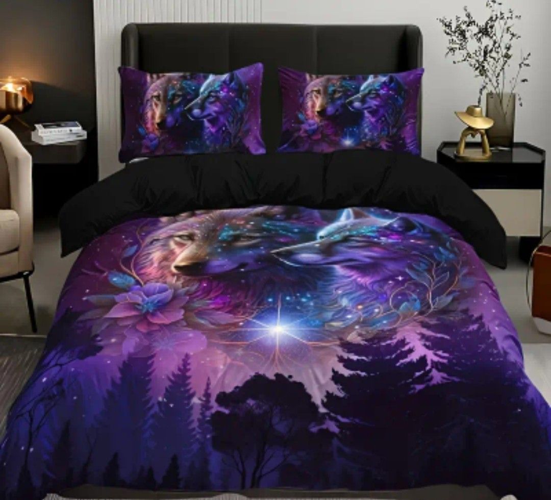 3-Piece Starry Sky Forest Wolf Print Bedding Set - Soft &amp; Breathable Duvet Cover for Bedroom, Guest Room &amp; Dorm!