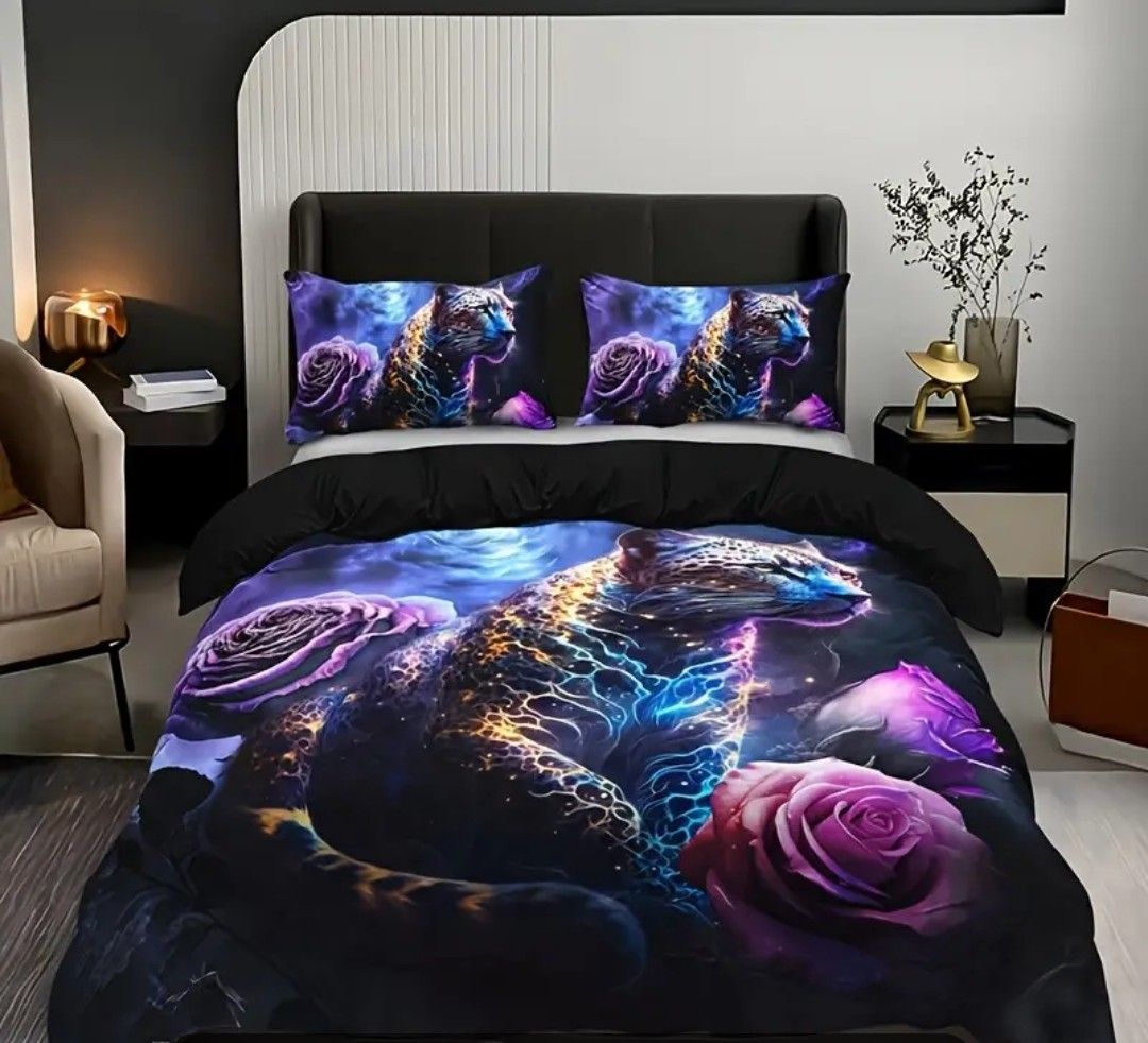 3pcs Purple Rose Leopard Duvet Cover Set (1 Duvet Cover + 2 Pillowcase Without Pillow Insert), Soft Breathable HD Printing Bedding Set For Home Dorm Decor Single