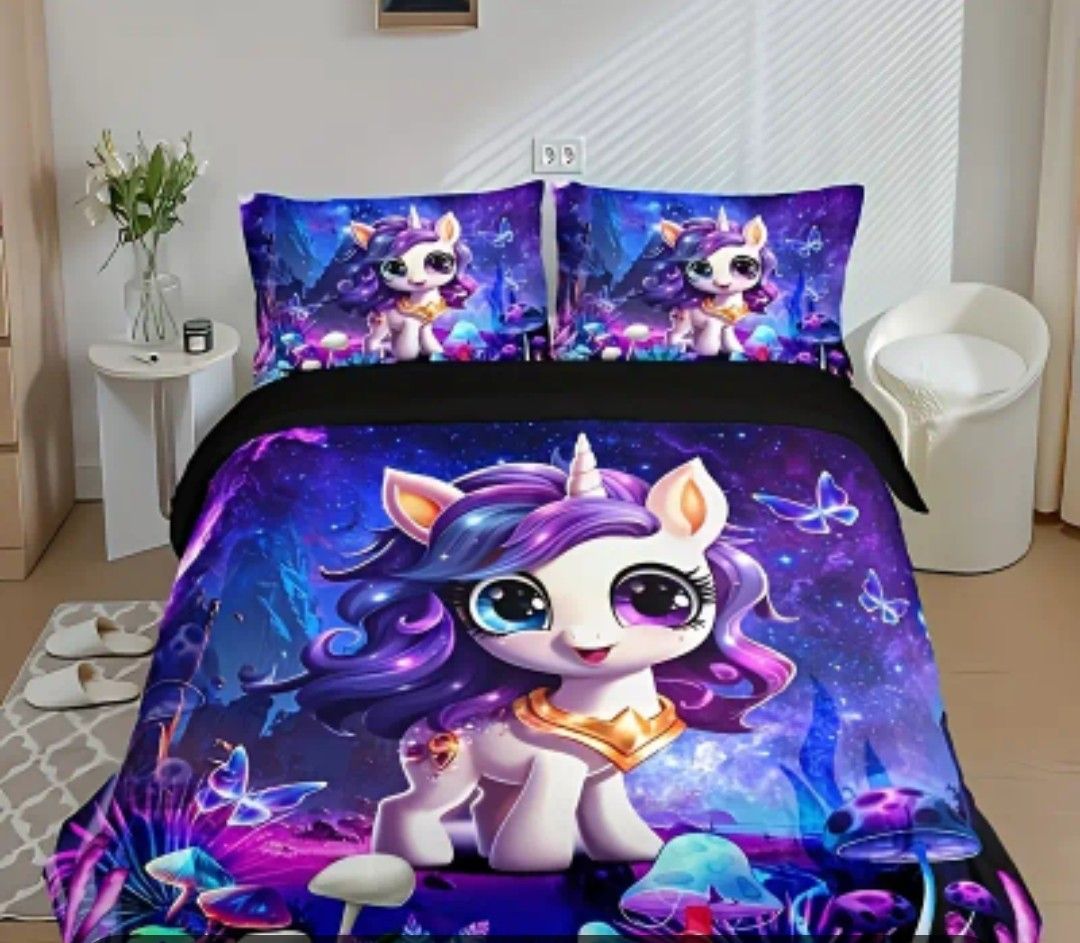 3pcs Duvet Cover Set (1*Duvet Cover + 2*Pillowcase, Without Core), Fashion Cartoon Unicorn Mushroom Print Bedding Set, Soft Comfortable Duvet Cover, For Bedroom, Guest Room Single