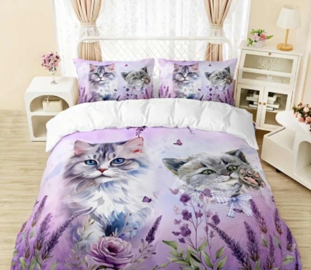 3pcs Duvet Cover Set (1*Duvet Cover + 2*Pillowcase, Without Core), Lavender Cat Animal Floral Print Bedding Set, Soft Comfortable Duvet Cover, For Bedroom, Guest Room (Single)