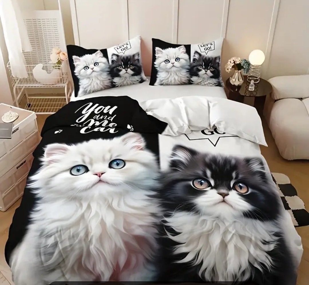 3pc Black And White Cute Kitten Duvet Cover Set (1 Duvet Cover + 2 Pillowcases, Pillows Not Included), Soft And Breathable HD Printing Valentine&#39;s Day Bedding Set For Home And Dormitory (Double)
