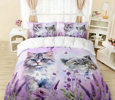 3pcs Duvet Cover Set (1*Duvet Cover + 2*Pillowcase, Without Core), Lavender Cat Animal Floral Print Bedding Set, Soft Comfortable Duvet Cover, For Bedroom, Guest Room