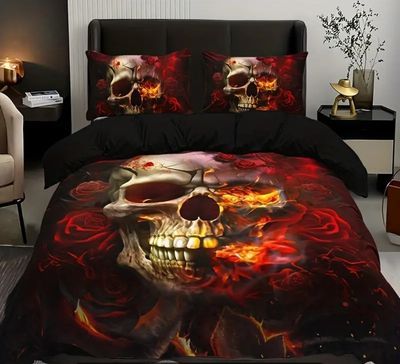 Fashion Novel Duvet Cover Set, Red Skull Rose Print Gothic Style Bedding Set, Soft Comfortable Breathable Duvet Cover, For Bedroom Guest Room Decor (1*Duvet Cover + 2*Pillowcase, Without Core) Double