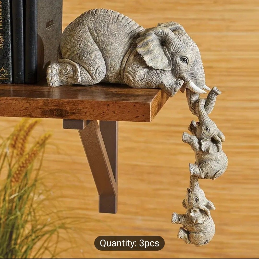 Contemporary Style 3-Piece Resin Elephant Figurines Set – Playful Miniature Elephants Decorative Ornaments for Tabletop and Hanging Display