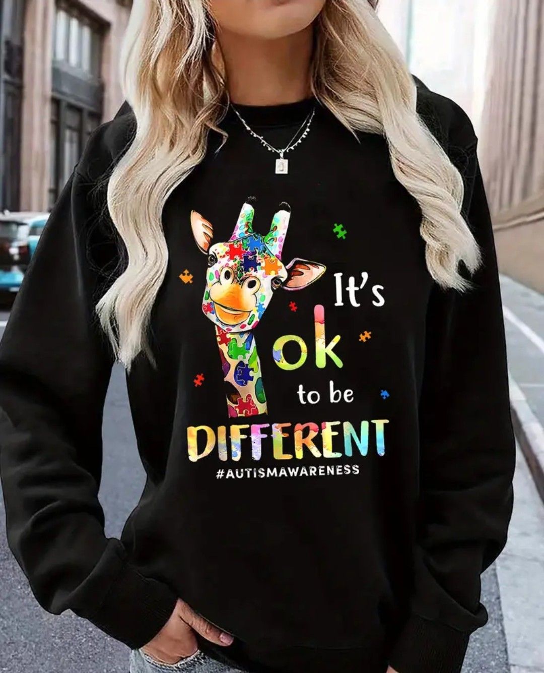 Women&#39;s Polyester Knit Pullover Sweatshirt with &quot;It&#39;s OK to be Different&quot; Autism Awareness Print, Casual Crew Neck Long Sleeve for Fall &amp; Winter - Slight Stretch Fabric
