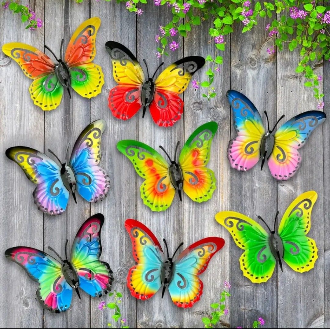 8pcs Metal Butterfly Wall Art Decor, 3D Colorful Hanging Butterflies For Garden Patio Decoration, Outdoor Or Indoor Décor, Fence Yard Wall Garden Ornaments, Iron, Mother&#39;s Day, Father&#39;s Day Gift
